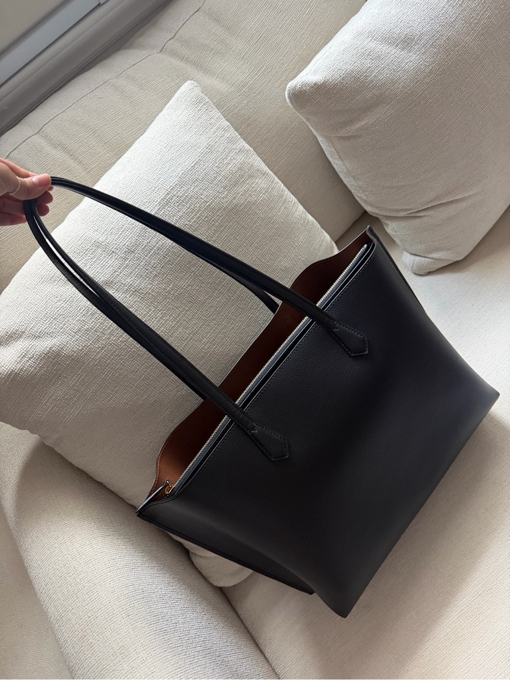 Quince Black Leather Laptop Tote with Brown Interior